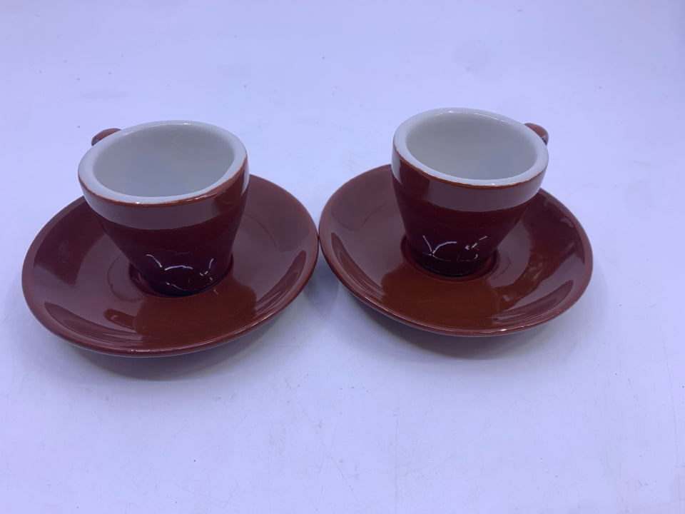 2 SMALL BROWN ESPRESSO MUGS AND SAUCER.