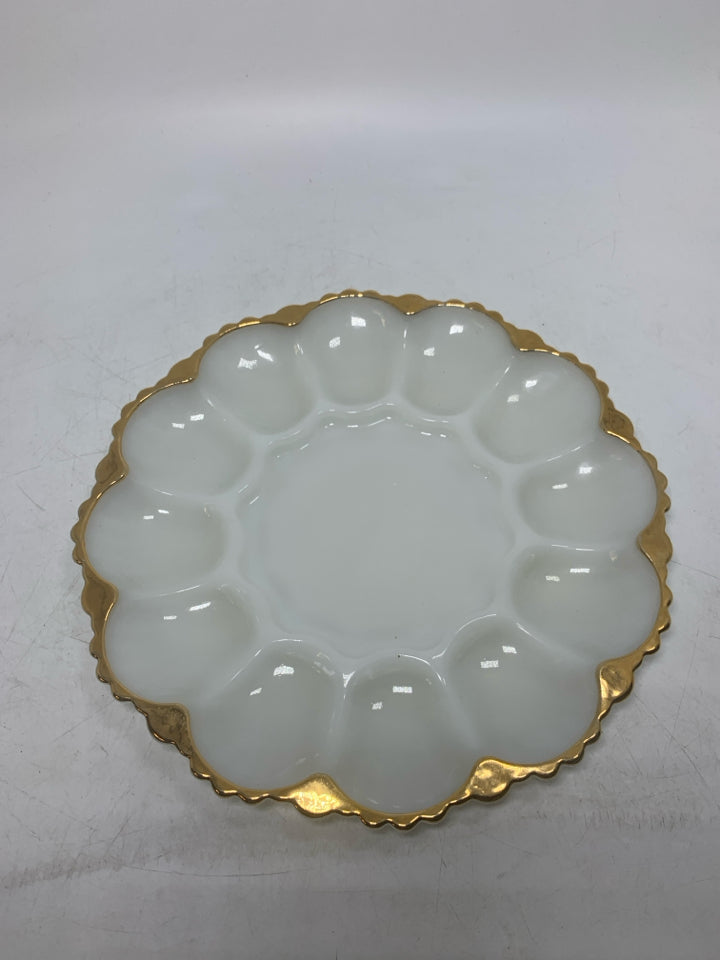 VTG MILK GLASS DEVILED EGG PLATTER SCALLOP EDGE GOLD.