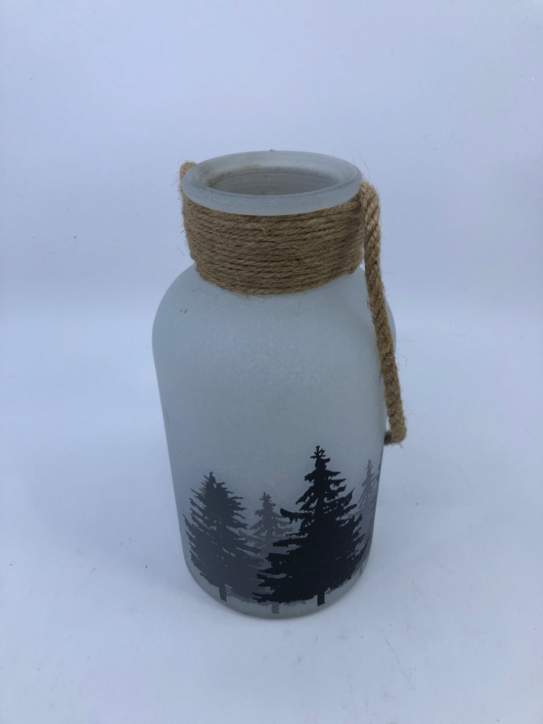 TREE FROSTED LANTERN W ROPE HANDLE.