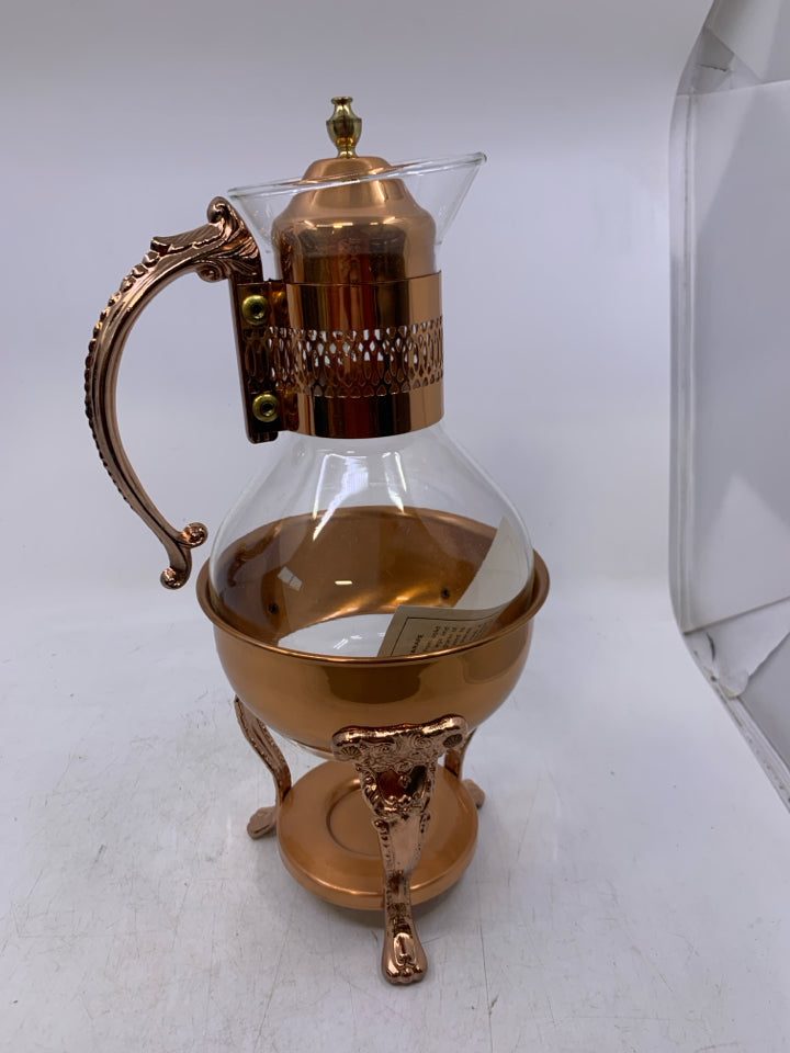 VTG GLASS + COPPER COFFEE POT WITH WARMING STAND.