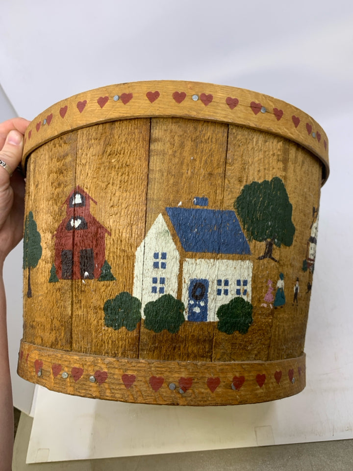 WOODEN PRIMITIVE STYLE BUCKET W/ PAINTED TOWN/PEOPLE.