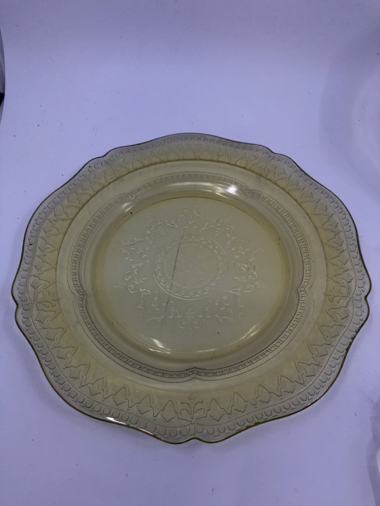 4 VTG YELLOW GLASS WAVY PRESSED GLASS PLATES.