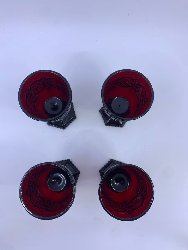 4 FOOTED CRANBERRY GLASS SMALL GOBLETS.