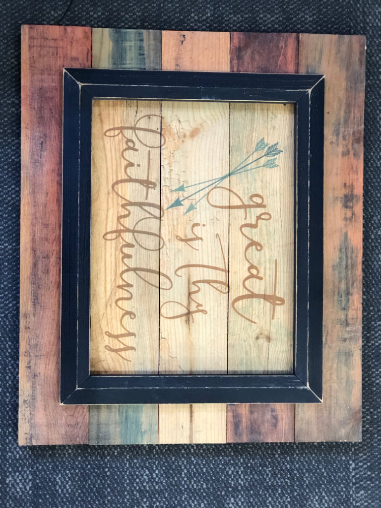 MULTI TONED WOOD GREAT IS THY FRAMED WALL ART.