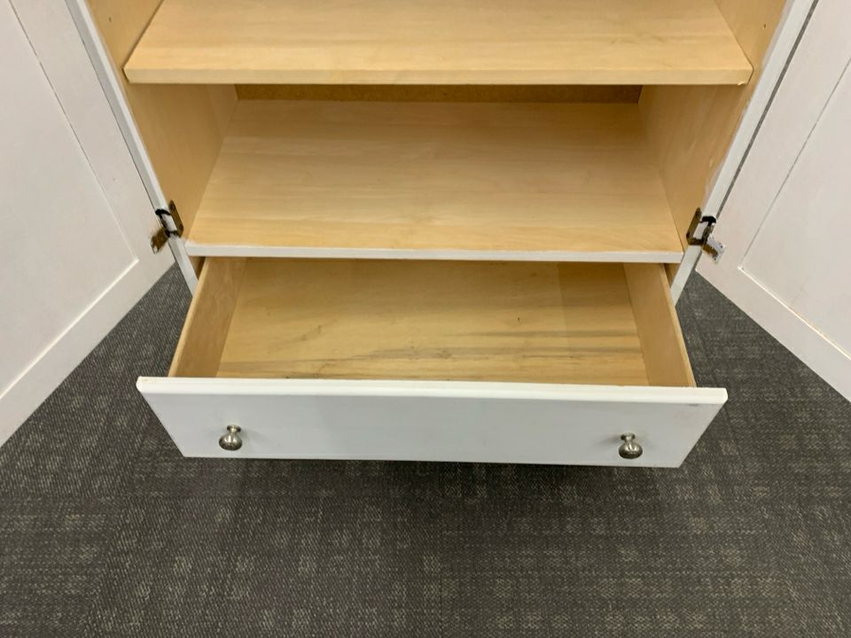 WHITE PAINTED WOOD DRESSER CABINET W/ SHELVES + 2 BOTTOM DRAWERS.