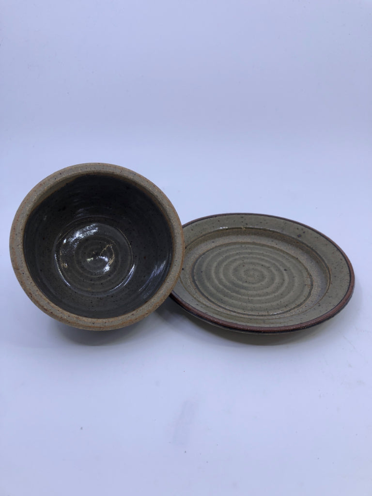 GREEN AND BROWN POTTERY BUTTER DOME.