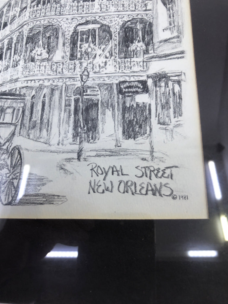 ROYAL STREET NEW ORLEANS-FRAMED CHARCOAL DRAWING.