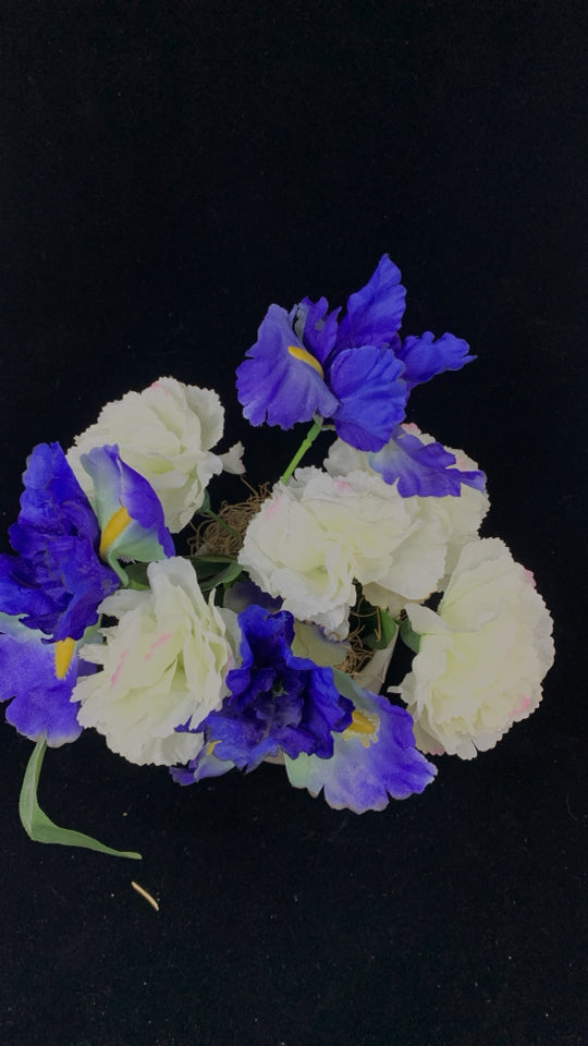 FAUX BLUE IRIS & WHITE CARNATION ARRANGEMENT.