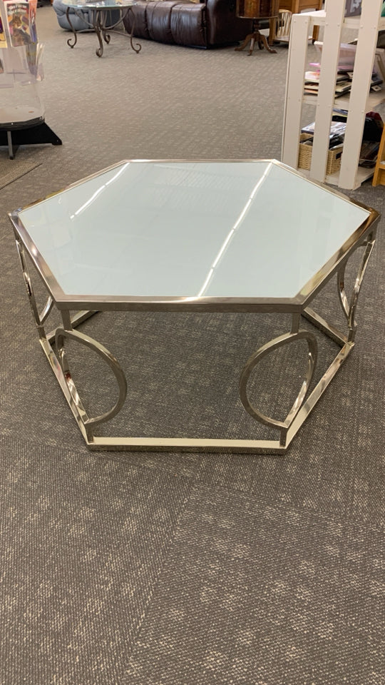 HEXAGON CHROME COFFEE TABLE W/FROSTED GLASS TOP.