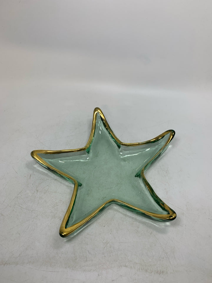 GREEN TINTED THICK GLASS STAR STAINED BOWL GOLD EDGE.