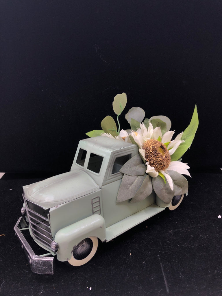 MINT GREEN TRUCK W FAUX SUNFLOWER.