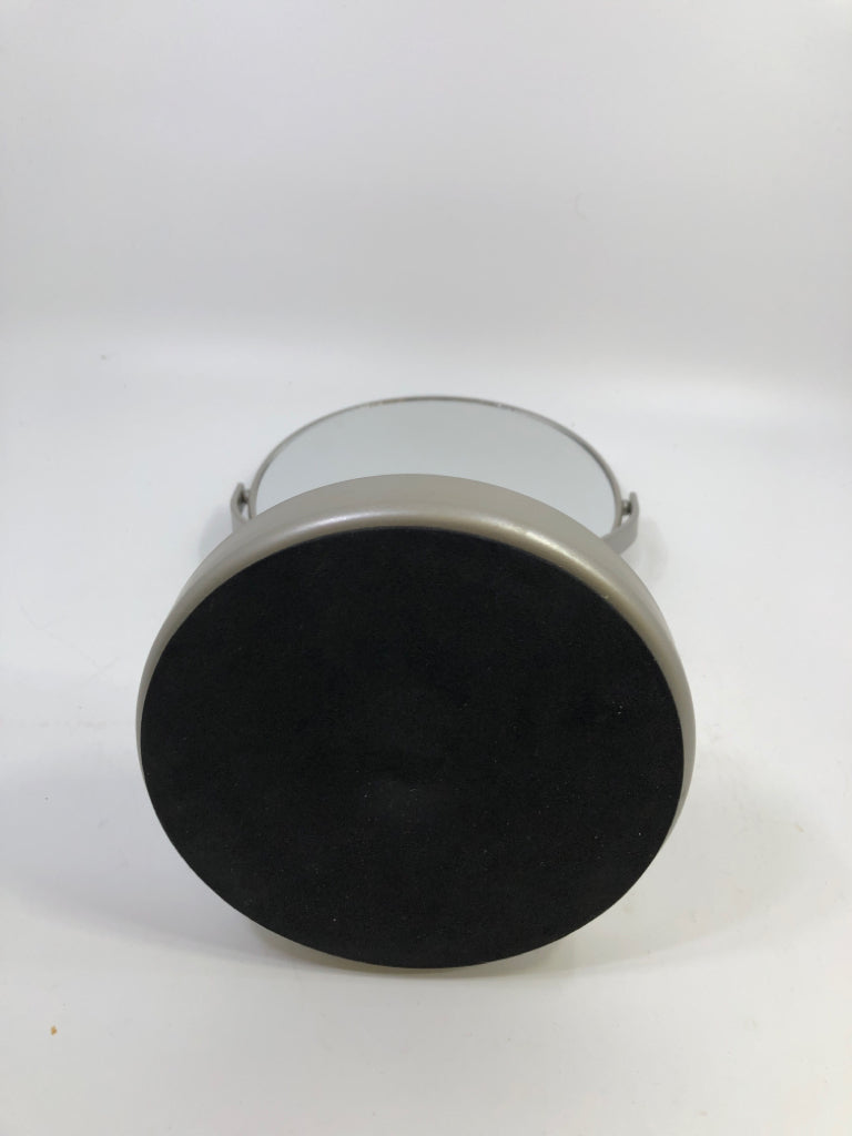 SILVER METAL MIRROR W/ DISH ON BOTTOM.