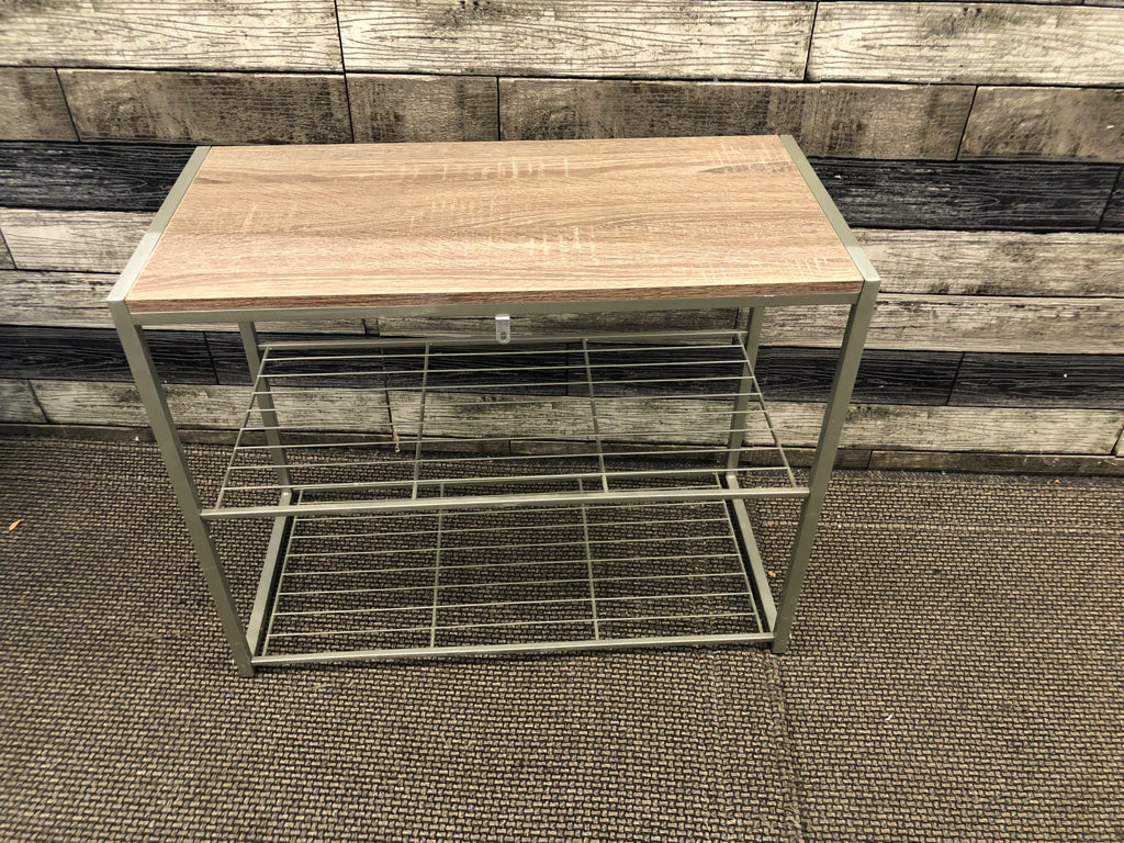 3 TIER GREY METAL/WOOD SHOE SHELF.
