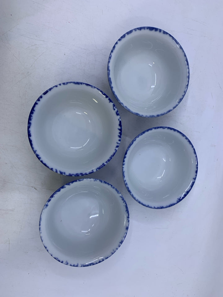 4 BLUE/WHITE FRUIT SNACK BOWLS.