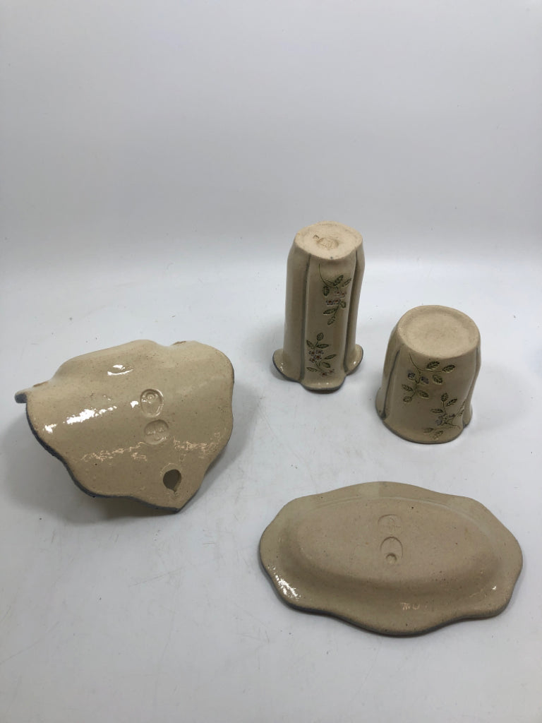 4 FLORAL STAMPED STONEWARE BATHROOM ORGANIZERS.