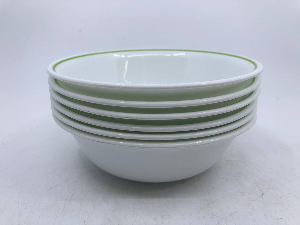 6 LIME GREEN RIM CORELLE BOWLS.
