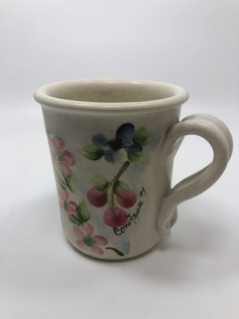HANDPAINTED MUG W/FLOWERS & FRUIT.