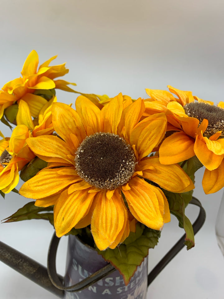 FAUX SUNFLOWERS IN METAL SUNFLOWER WATERING CAN.