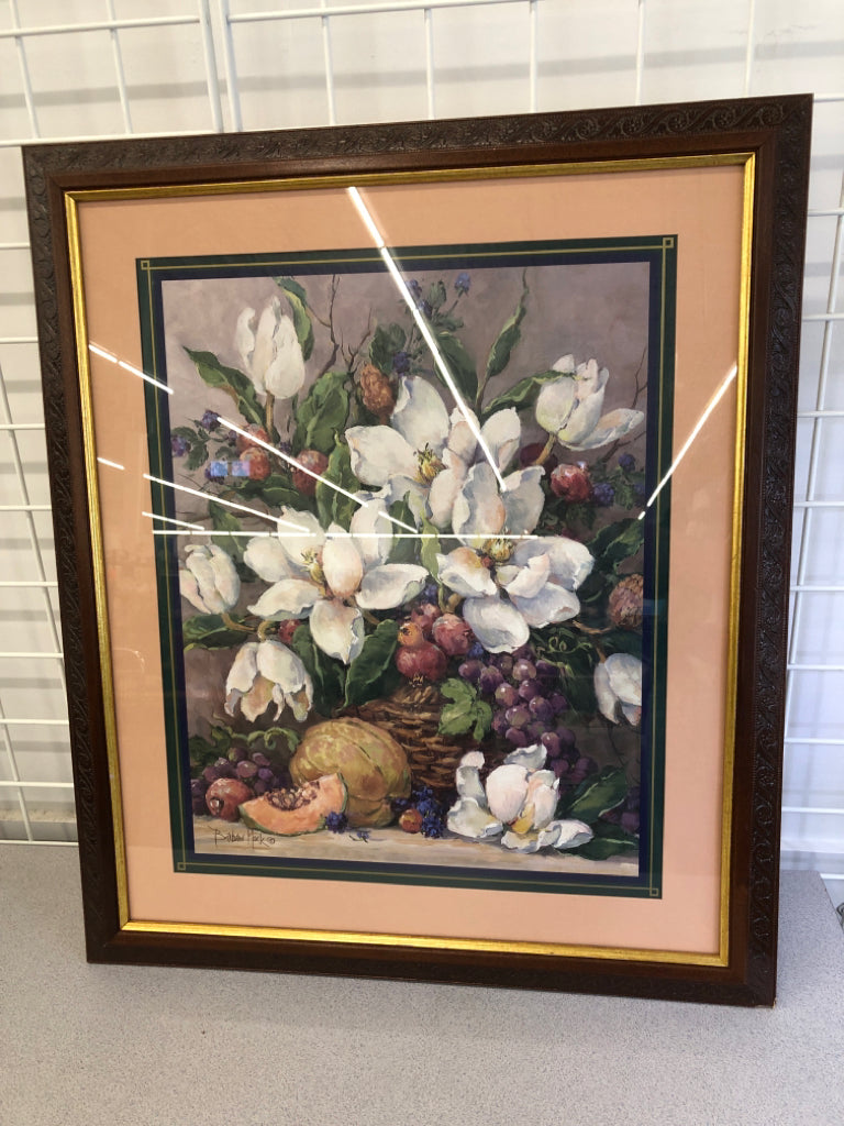 FLOWERS IN A BASKET IN WOODEN EMBOSSED FRAME.