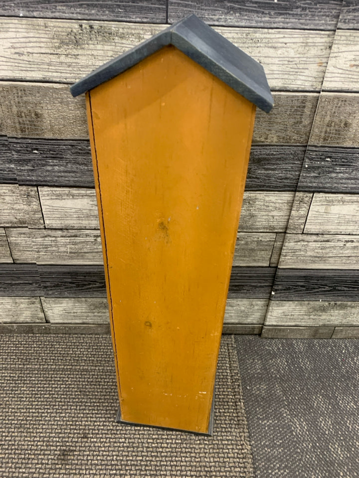 SMALL PRIMITIVE STYLE HOUSE SHAPED 4 SHELF CABINET PAINTED HOUSES/TREES.