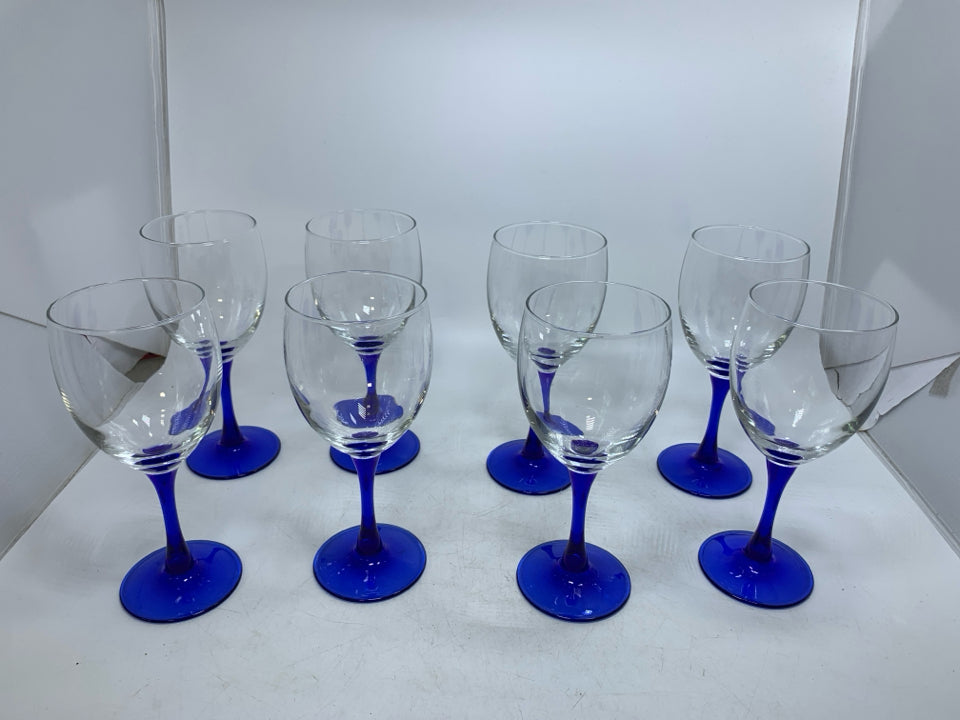 8 BLUE STEM WINE GLASSES.