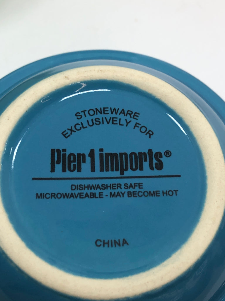 6 MULTI COLOR PIER 1 MUGS IN STAND.