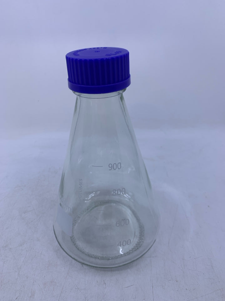 GLASS BEAKER W/ BLUE LID.