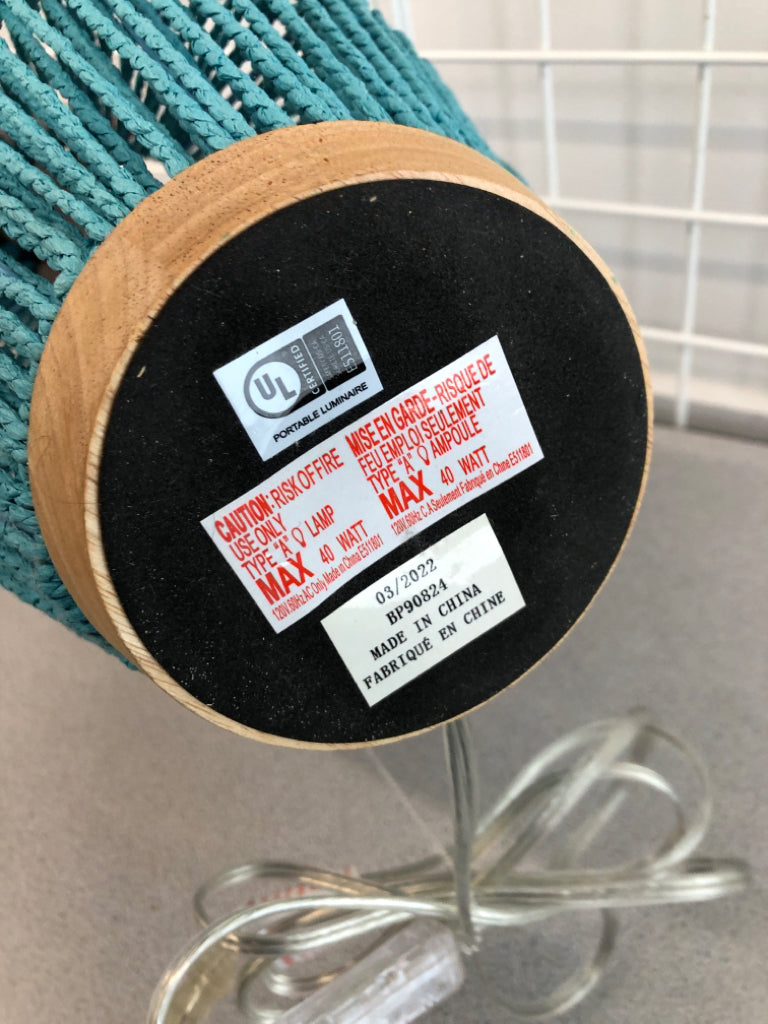BLUE WOVEN LANTERN-STYLE LAMP.