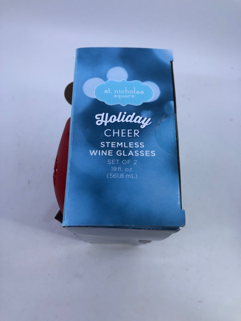 NIP 2 GLASS STEMLESS W/ RED SNOWFLAKE SILICONE SLEEVE.