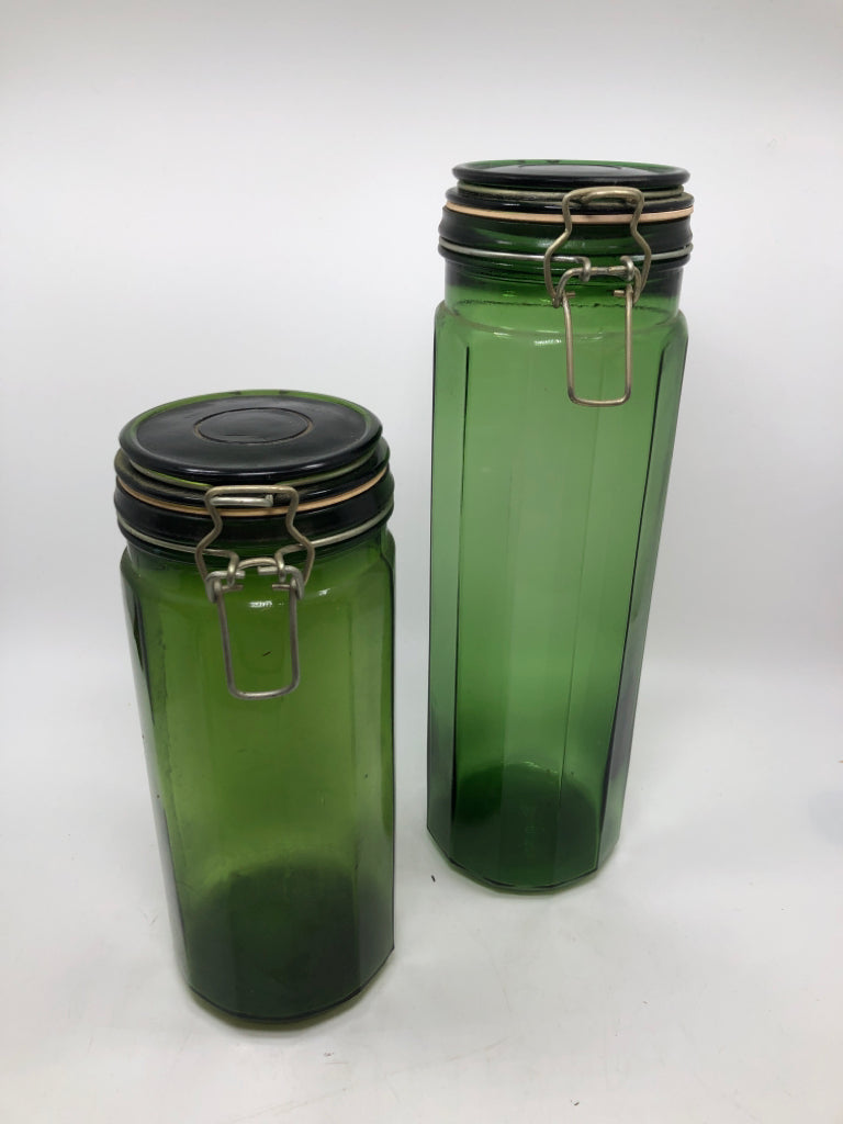 2 GREEN GLASS CANISTERS.