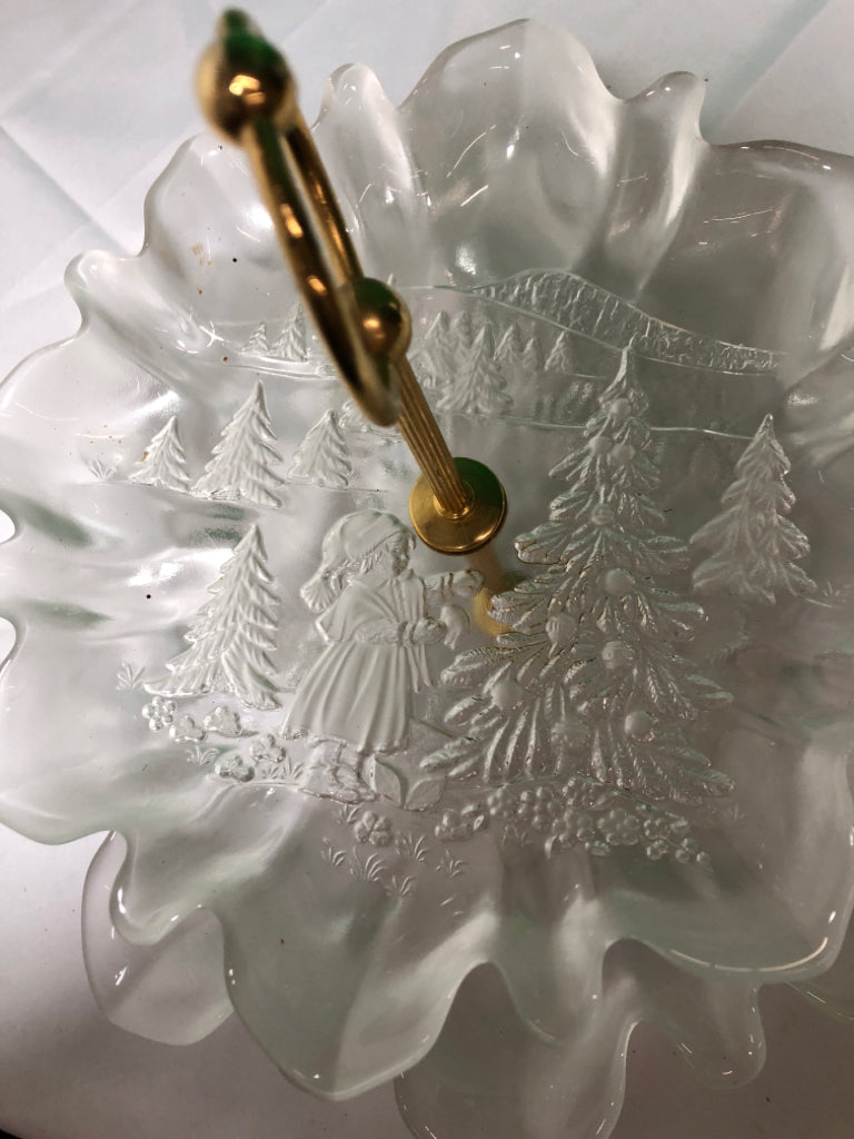 2 TIER GLASS SERVER W/ EMBOSSED GIRL LOOKING AT TREE.