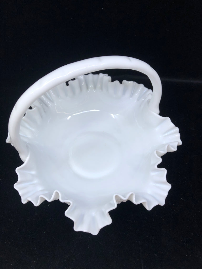 VTG LARGE HOBBNAILED MILK GLASS BASKET.