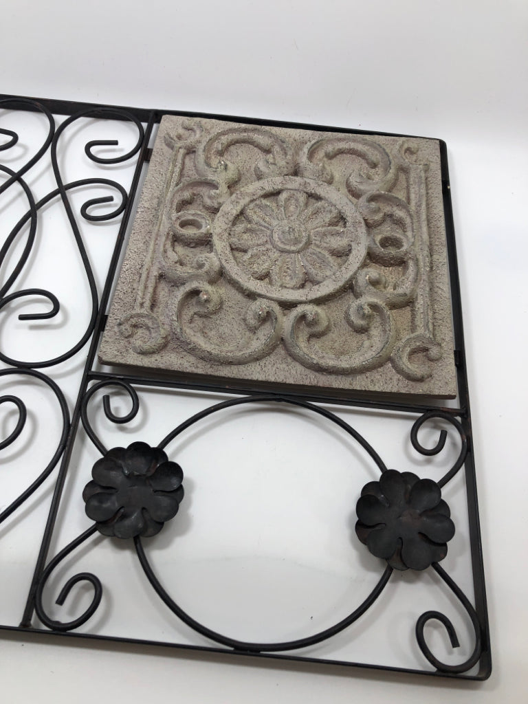 METAL WALL DECOR W/CEMENT DECOR.