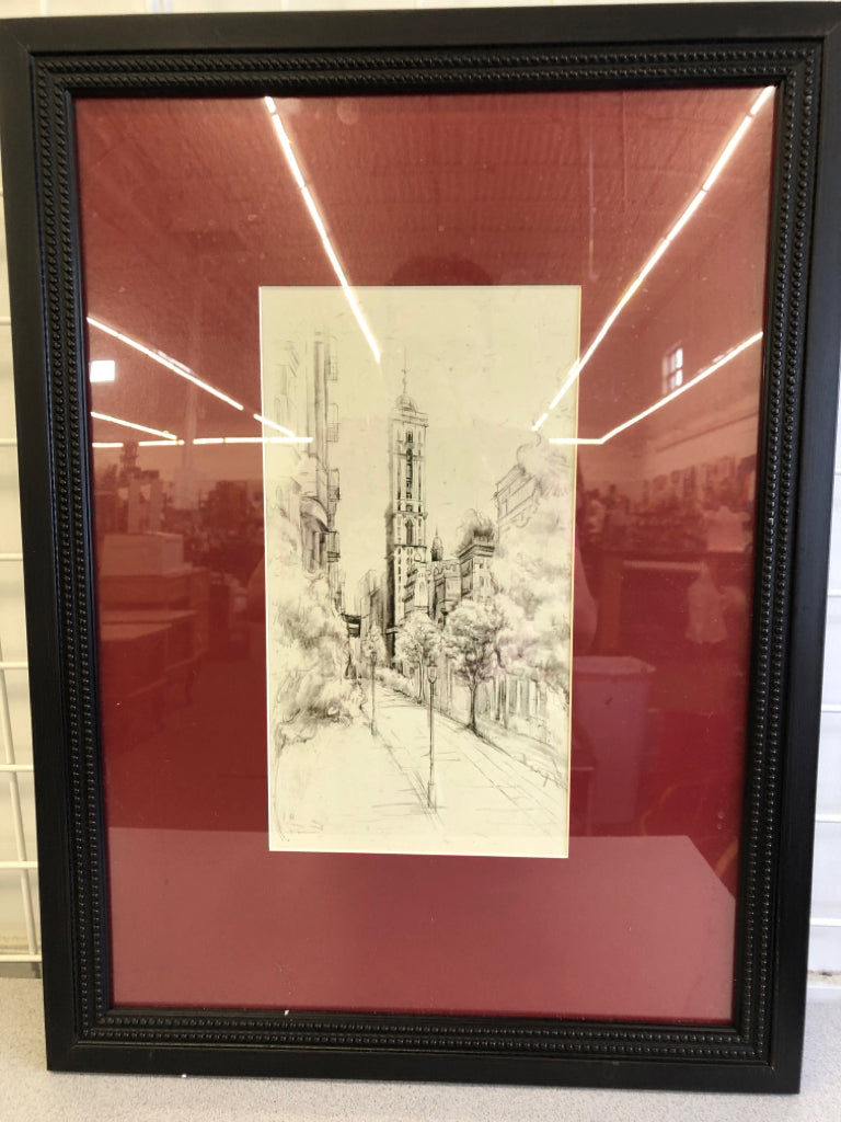 CITY SKETCH SCENE IN RED W BLACK FRAME.
