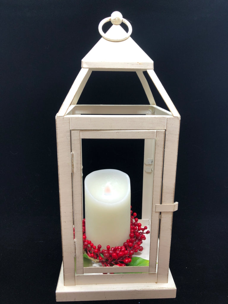 WHITE METAL LED CANDLE LANTERN W/RED BERRIES.