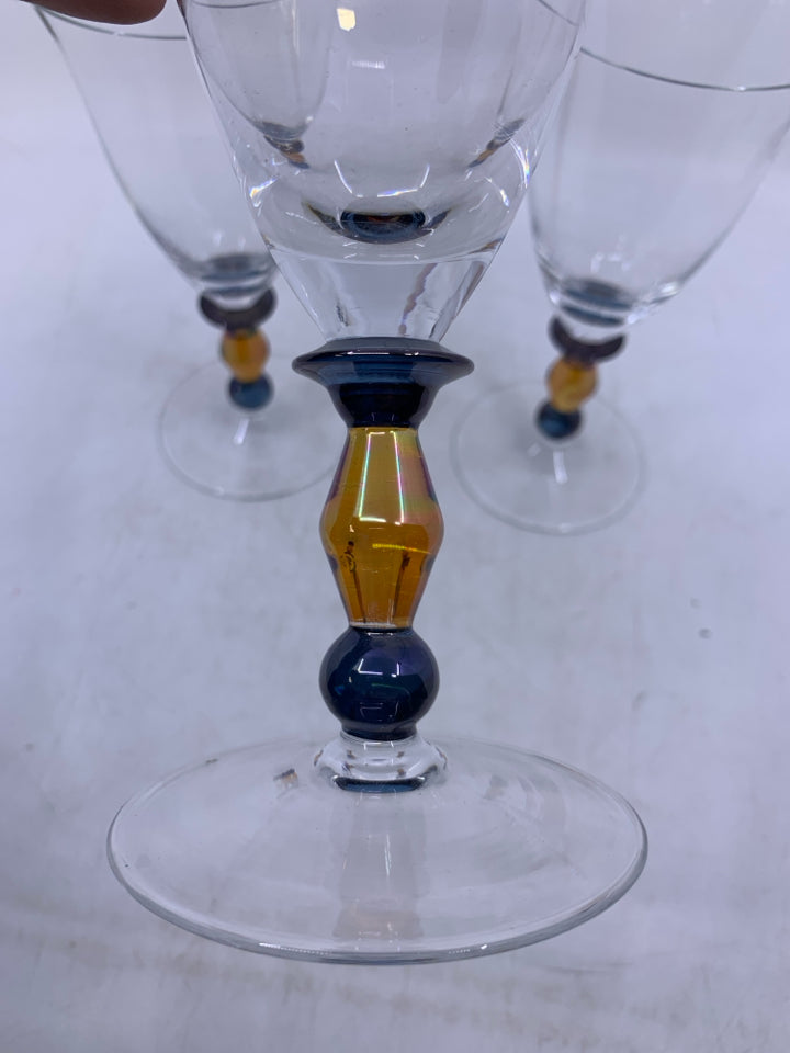 3 IRIDESCENT STEM GOBLETS.