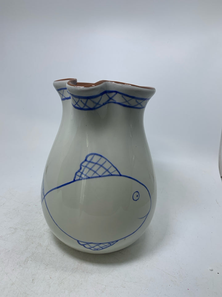TERRA COTTA PITCHER W/ BLUE PAINTED FISH.