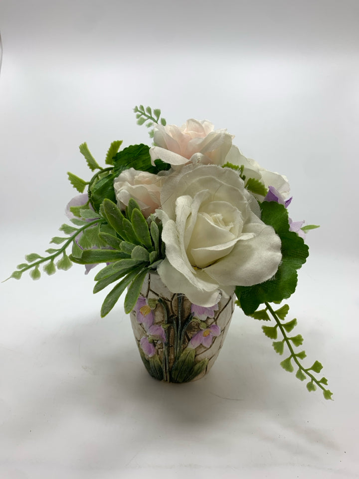 FAUX WHITE ROSES IN CRACKLE CERAMIC POT.