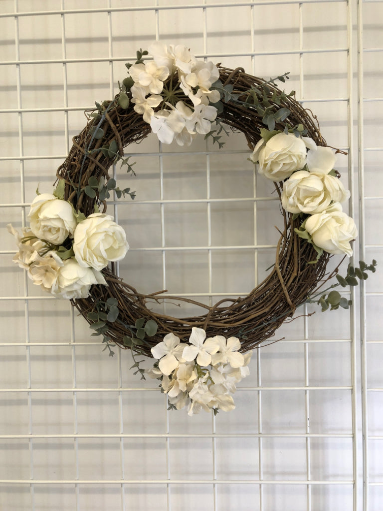 FAUX WHITE ROSES WREATH W/WOVEN TWIGS.