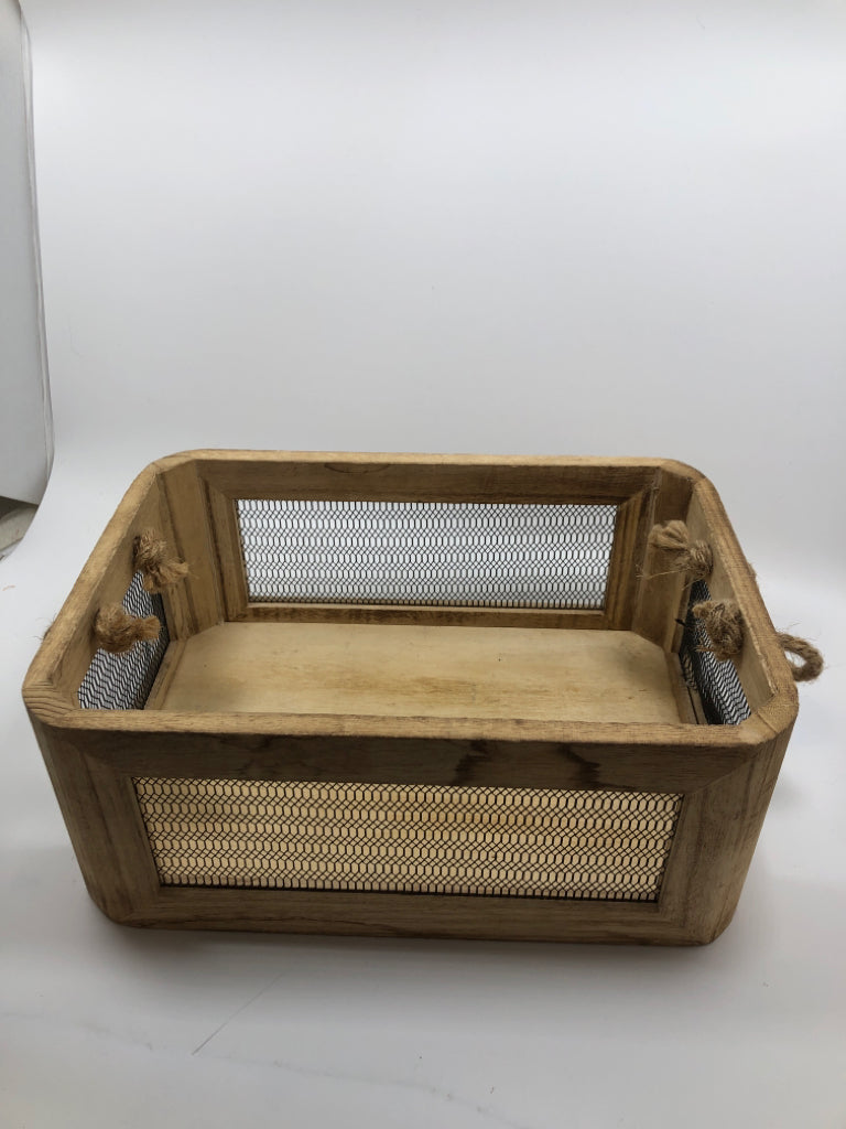 WOOD CRATE W/WIRE SIDES AND BURLAP HANDLES.