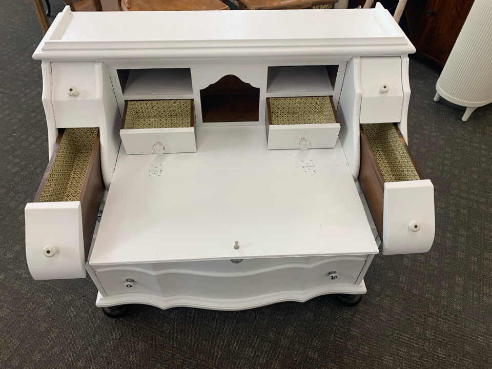 VTG WHITE PAINTED PULL DOWN DESK 7 DRAWERS.