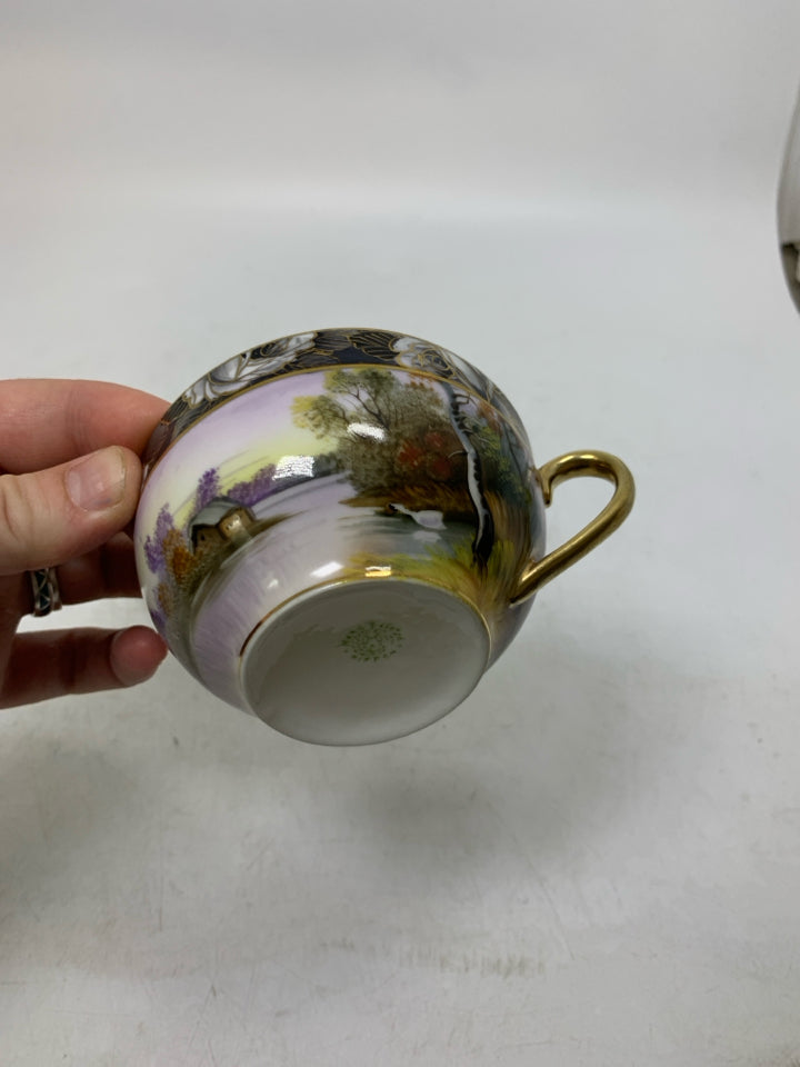 POND SCENE W/ CHANGING LEAVES W/ GOLD DETAILS  TEA CUP.