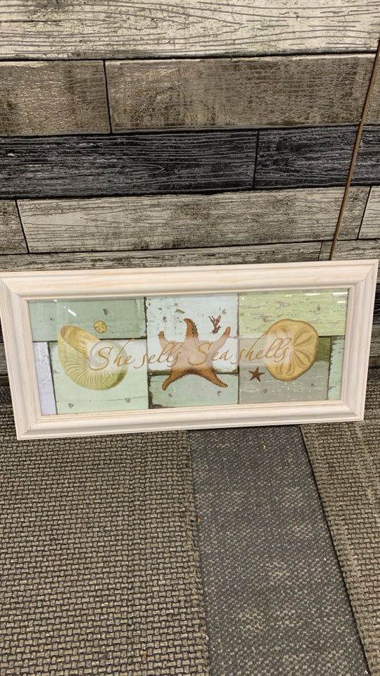 SHE SELLS SEA SHELLS WHITE WOOD WALL HANGING.