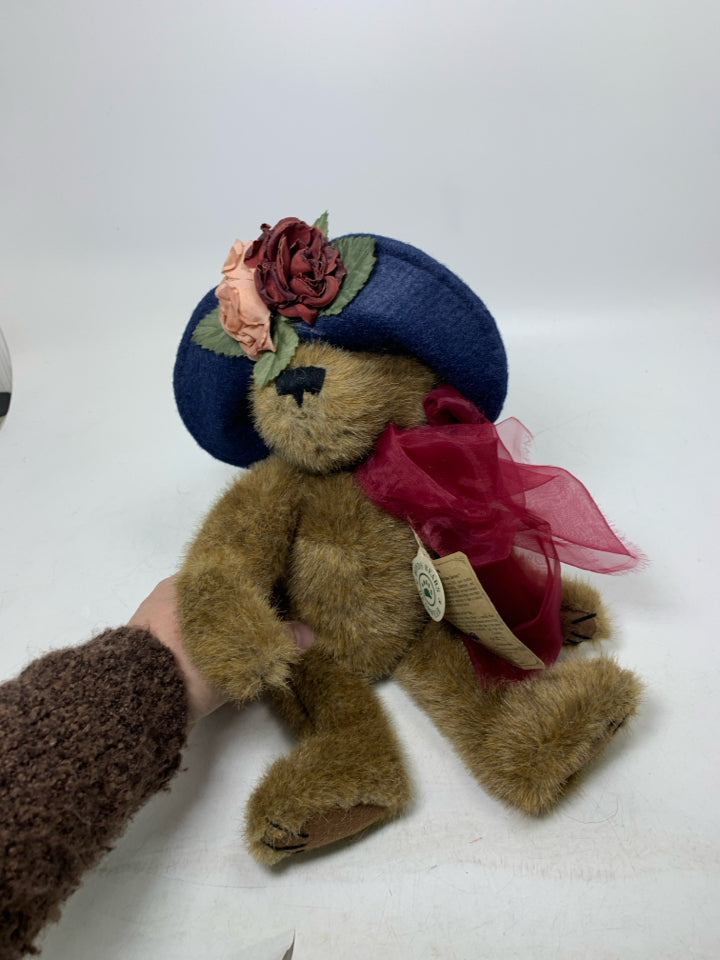 NAVY HAT W/ ROSE FLOWERS & SHEER RIBBON BOYDS BEARS.