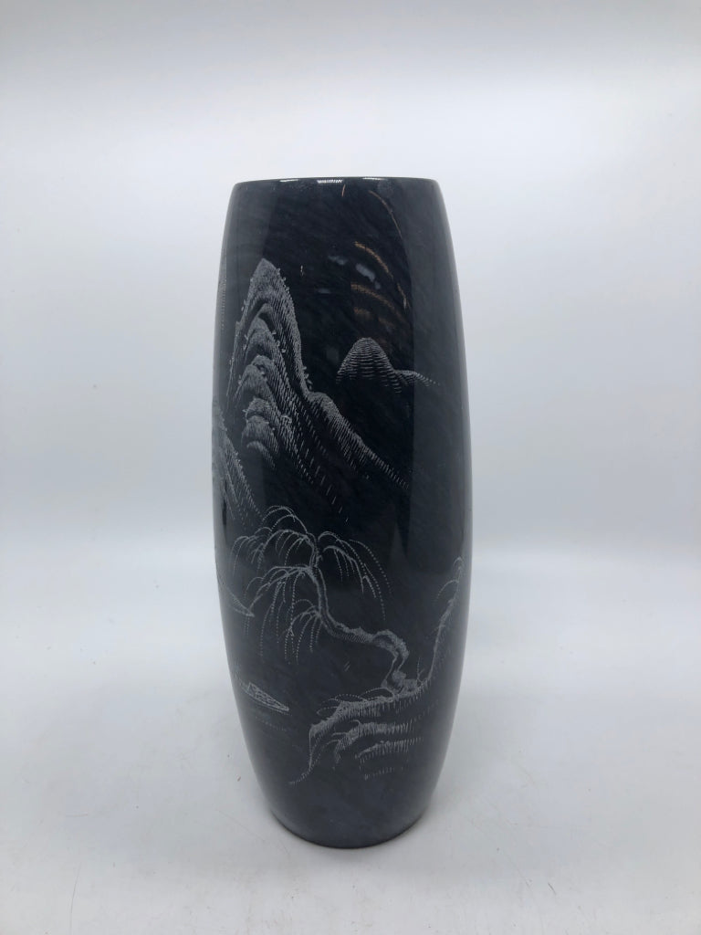 BLACK MARBLE VASE W/ETCHED MOUNTAIN DESIGN.