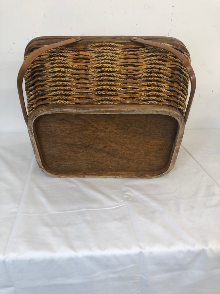 RED CHECK LINED PICNIC BASKET.