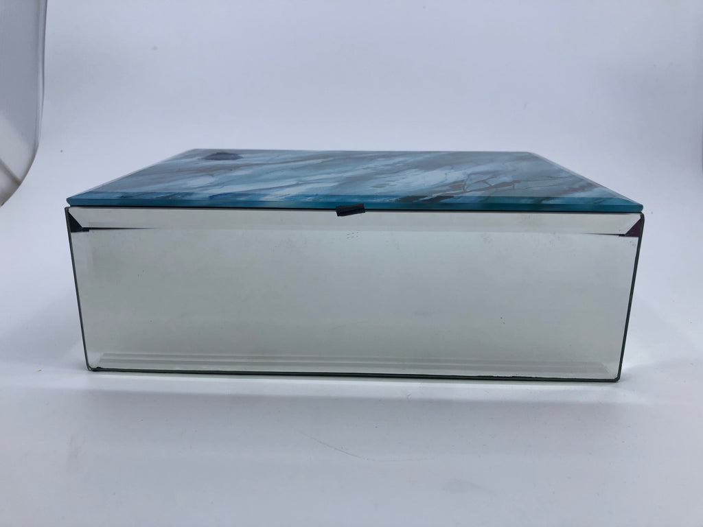 MIRRORED JEWELRY BOX W BLUE MARBLED TOP.