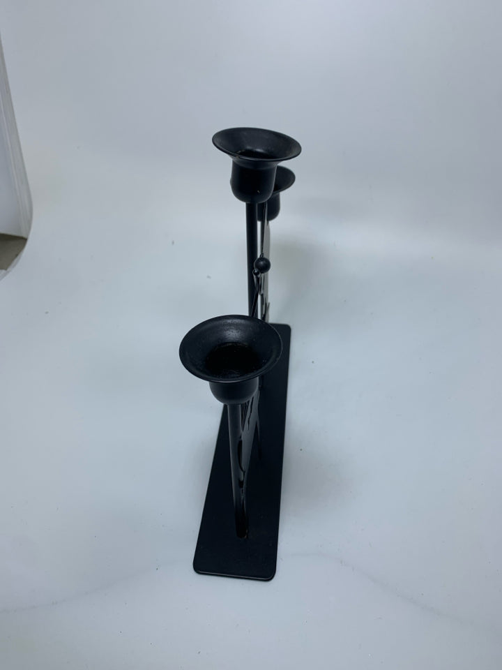 METAL 3 SLOT TAPERED CANDLE HOLDERS W/ CAT FISHING FROM FISH BOWL.