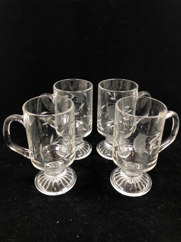 4 GLASS FOOTED IRISH COFFEE MUGS.