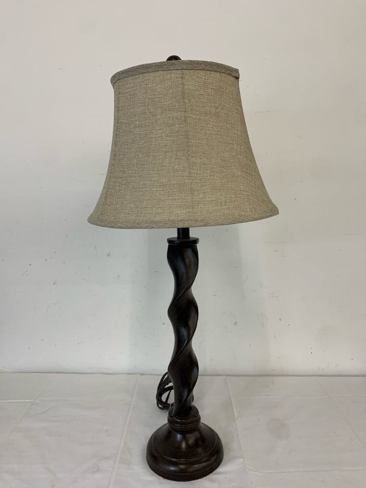 TALL BROWN SWIRL BASE LAMP W CREAM SHADE.